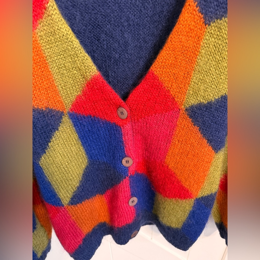 Vintage 1990s JL Plum mohair cardigan RN 40687 Argyle Harlequin Color Block - Picture 5 of 9
